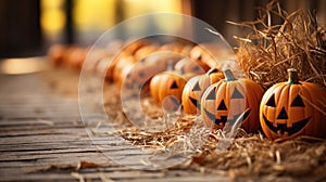 Dozens of Halloween jack-o-lantern pumpkins and hay decorating the country barn scene - generative AI photo