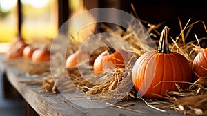 Dozens of fall and Halloween pumpkins and hay decorating the country barn scene - generative AI photo
