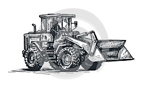 Dozer, bulldozer, tractor sketch. Excavation work, heavy construction vehicle. Hand drawn vector illustration