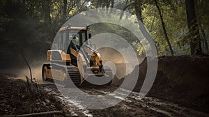 Dozer during clearing forest for construction new road. Bulldozer at forestry work on sunset background