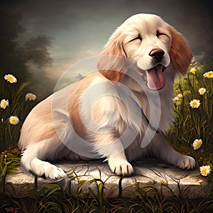 Dozing retriever puppy dog in a flower bed ai Generated, generative AI, CGI graphics