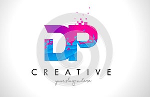 DP D P Letter Logo with Shattered Broken Blue Pink Texture Design Vector.