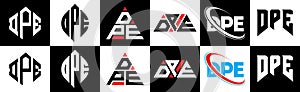 DPE letter logo design in six style. DPE polygon, circle, triangle, hexagon, flat and simple style with black and white color photo