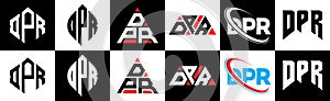 DPR letter logo design in six style. DPR polygon, circle, triangle, hexagon, flat and simple style with black and white color photo