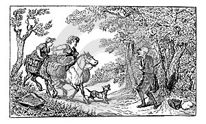 Dr. Syntax tied with a rope and two horseback village women approach with a barking dog vintage engraving