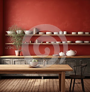 of a drab kitchen with red brick walls and a wooden table