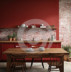 of a drab kitchen with red brick walls and a wooden table