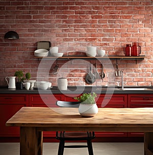 of a drab kitchen with red brick walls and a wooden table