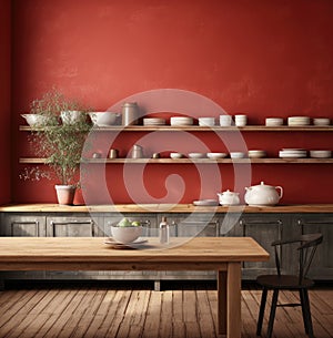 of a drab kitchen with red brick walls and a wooden table photo