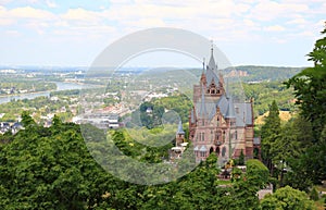 Drachenburg Castle, Rhine valley and the city of Bonn. Germany, Europe.