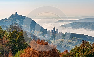 Drachenfels with ruin and castle Drachenburg, Siebengebirge