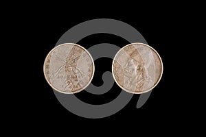 2 drachmes 1982 coin isolated on black background, Greece. both sides close-up photo