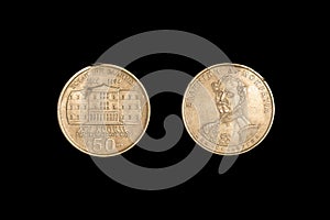 50 Drachmes Greece coin, 150e anniversaire de la Constitution de 1944. Black background photo