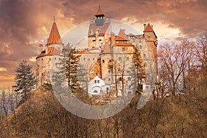 Dracula Bran medieval castle, sunset view, Romania