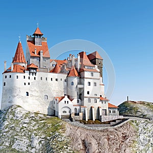 Dracula Castle Bran. Medieval castle on top of the hill 3D Illustration