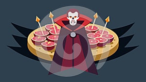 A Draculathemed platter with thinly sliced meats cheeses and olives arranged to look like a vampires cape and surrounded photo