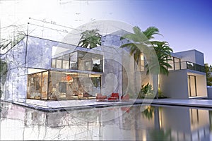 Draft and final rendering of luxurious villa