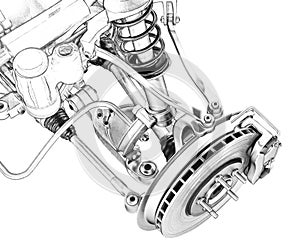 Draft sketch of the front suspension of the car, remmore with a shock absorber and brake discs assembly