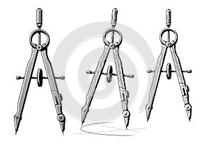 Drafting compass drawing plan design circle. Precision engineering divider vintage sketch vector illustration