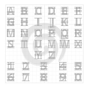 Drafting paper alphabet. Vector drawing sketch letters