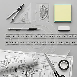 And unrolled architectural blueprints display technical drawings with