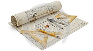 Drafting tools and a blueprint are spread on a white surface. The tools include a