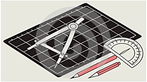 Drafting tools compass protractor pencil on cutting mat for engineering and architectural design work