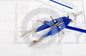 Drafting tools on house layout drawing