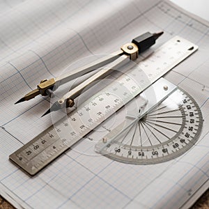 Drafting tools including compass ruler and protractor on blueprint isolated on transparent background