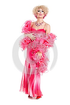 Drag Queen in Pink Evening Dress Performing