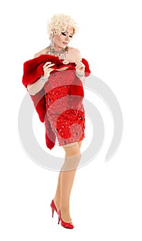 Drag Queen in Red Dress with Fur Performing