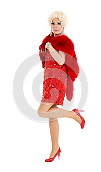 Drag Queen in Red Dress with Fur Performing