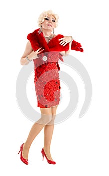 Drag Queen in Red Dress with Fur Performing