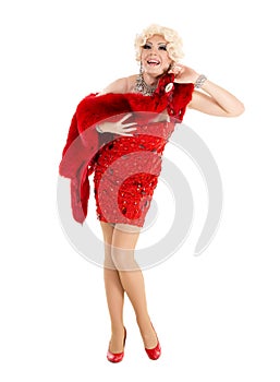 Drag Queen in Red Dress with Fur Performing