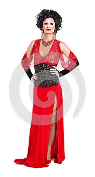 Drag Queen in Red Evening Dress Performing