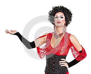 Drag Queen in Red Evening Dress Performing