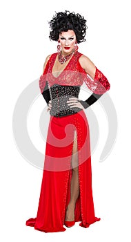 Drag Queen in Red Evening Dress Performing