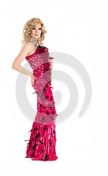 Drag Queen in Red Evening Dress Performing