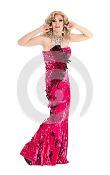Drag Queen in Red Evening Dress Performing