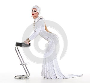 Drag Queen in White Dress Performing
