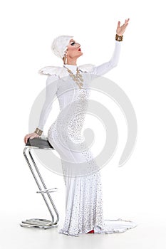 Drag Queen in White Dress Performing