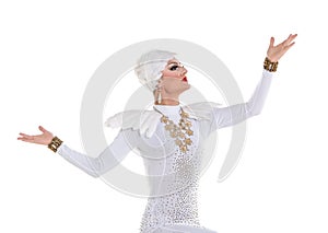 Drag Queen in White Dress Performing