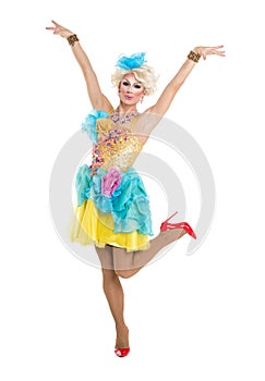 Drag Queen in Yellow-Blue Dress Performing