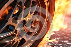 drag race car wheel burning rubber close-up