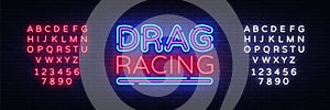 Drag Racing neon sign vector. Racing design template neon sign, light banner, neon signboard, nightly bright advertising