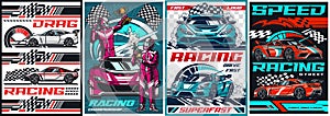 Drag racing set posters colorful