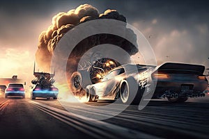 drag racing start, with vehicles launching from standstill and burning rubber