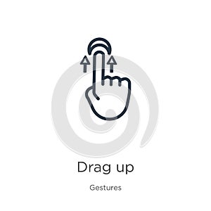 Drag up icon. Thin linear drag up outline icon isolated on white background from gestures collection. Line vector drag up sign,