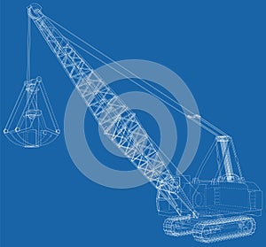 Dragline for used coal mining. Bucket is massive. The layers of visible and invisible lines are separated. Wire-frame