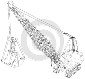 Dragline for used coal mining. Bucket is massive. The layers of visible and invisible lines are separated. Wire-frame